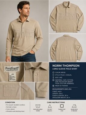 Norm Thompson Long Sleeve Polo Shirt Beige Cotton Blend Size Large